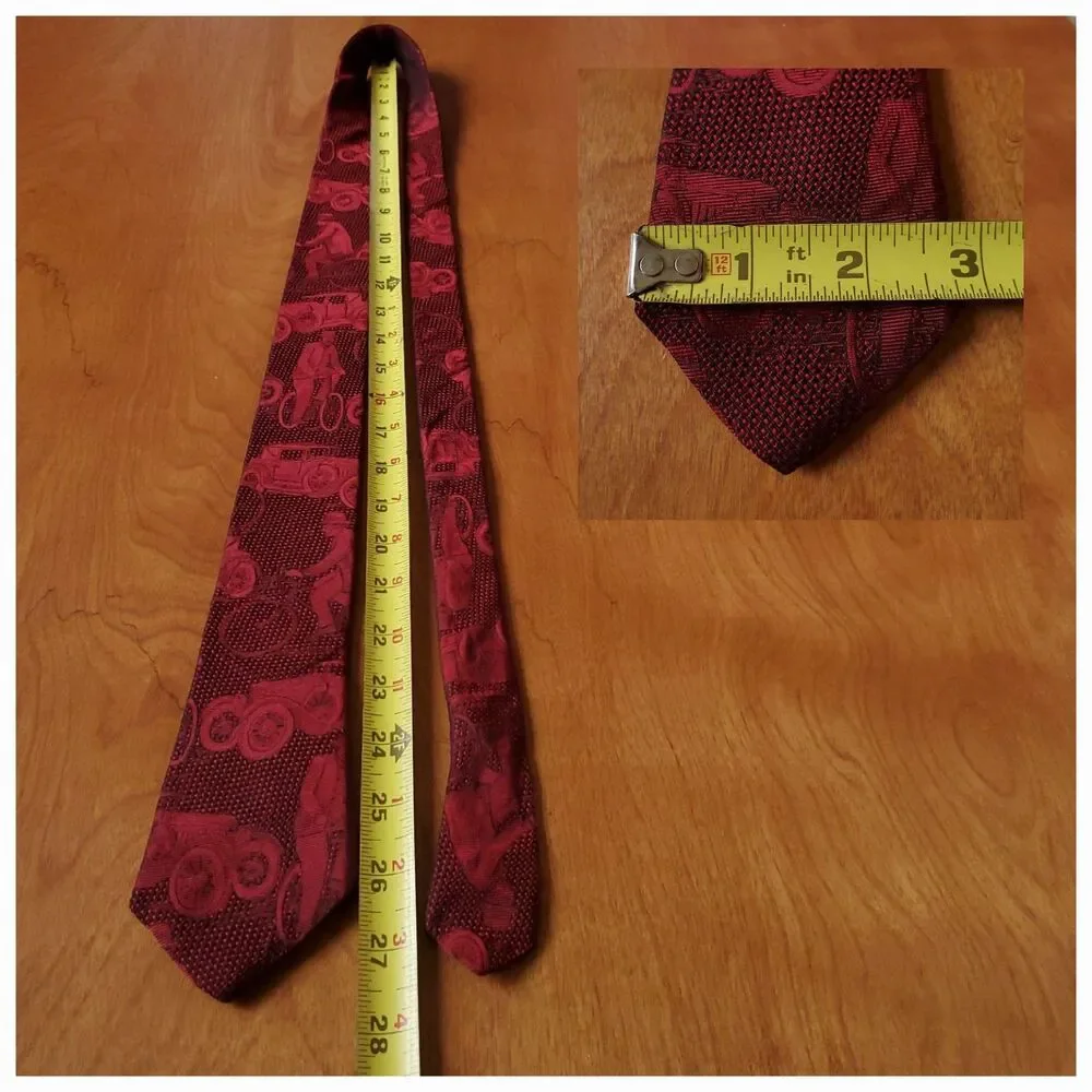 Vintage Silk Tie Antique Cars Bicycles Red Black 2.75 x 55 Stringbeans Plus - Picture 6 of 7